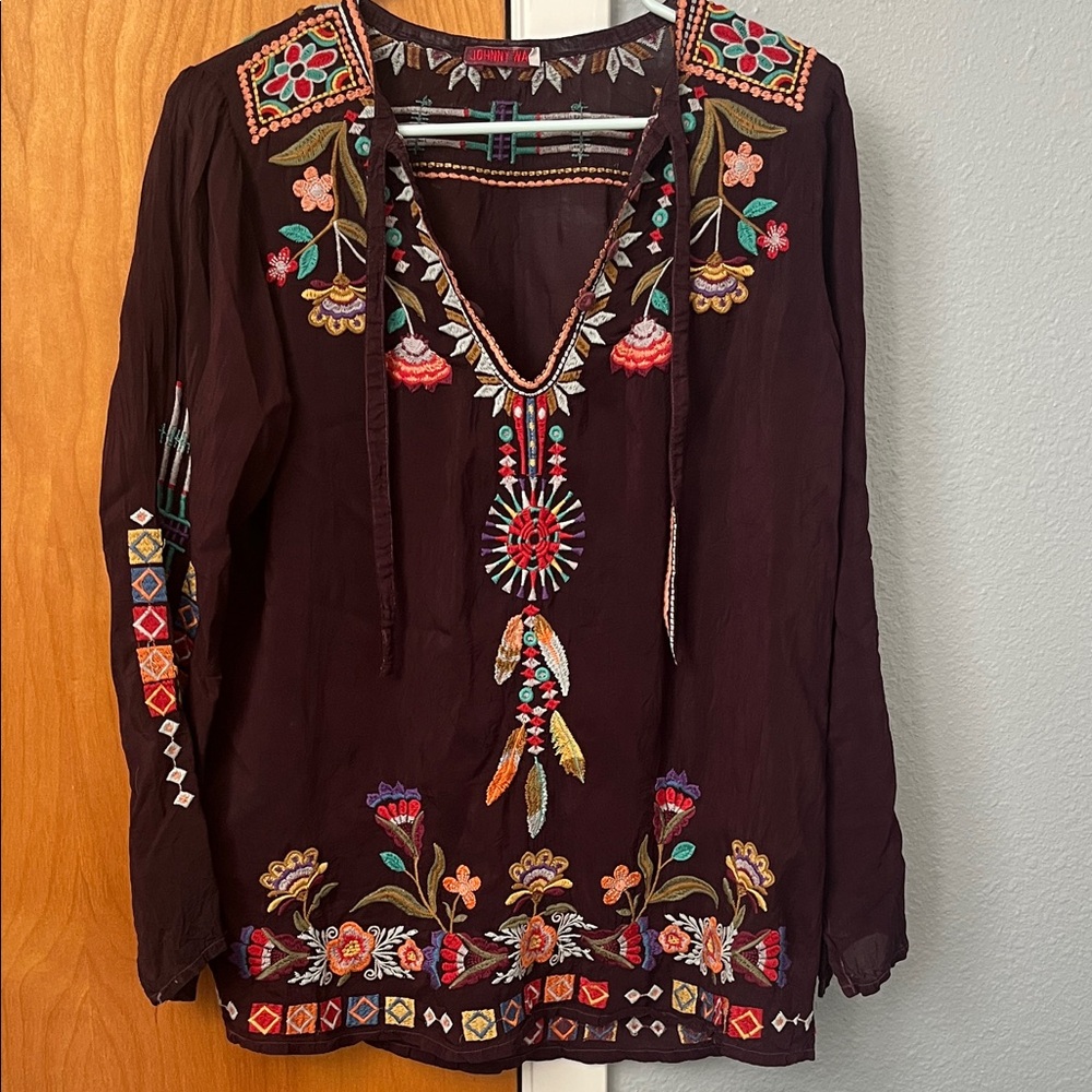 Johnny Was Floral Embroidered Blouse - Brown and Multicolor